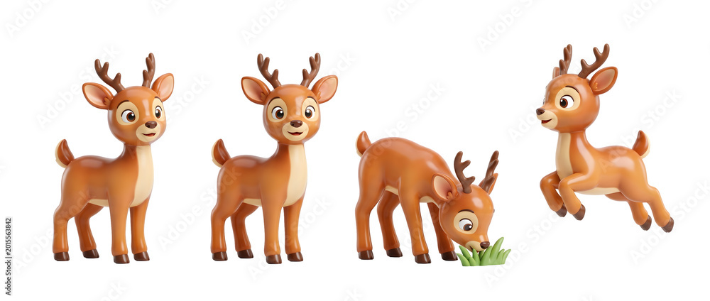 Naklejka premium This image depicts a playful collection of charming cartoon-style deer in various poses, capturing the essence of wildlife in a clean and delightful minimal 3D interpretation.