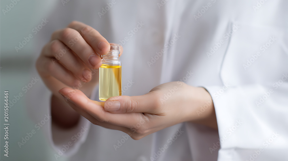 Fototapeta premium Close up of a hand holding a small glass bottle with yellow liquid, presenting a transparent vial of essential oil or serum on a white background