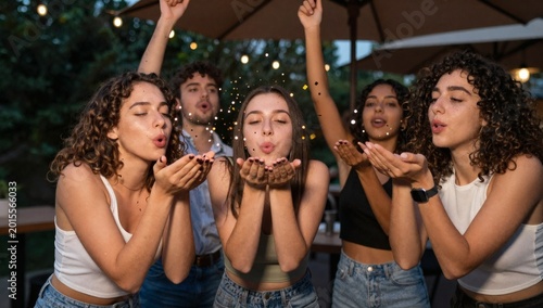 Young adults blowing glitter from their hands at an outdoor party in the evening