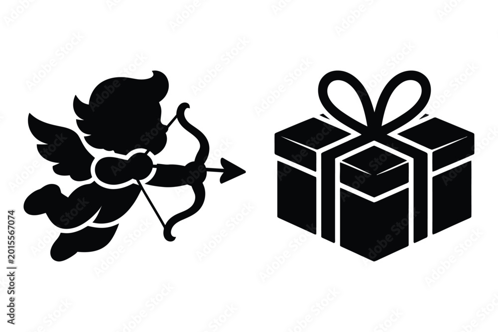 Naklejka premium Cupid aiming bow and arrow at gift box with valentine celebration shooting