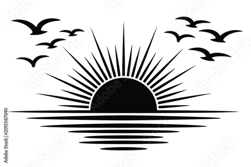 Canvas Print Sunrise over water with birds flying silhouette reflection silhouette
