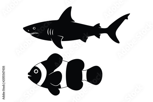Принти на полотні Great white shark and clownfish swimming in ocean water illustration