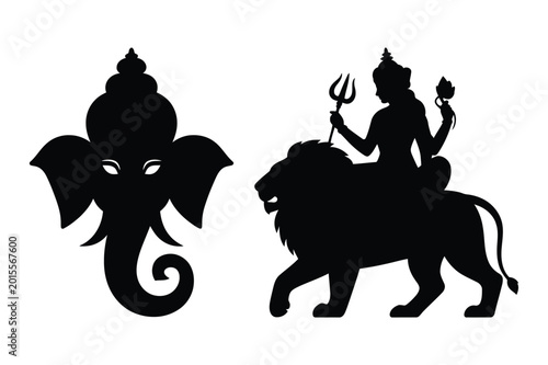 Foto Ganesha head and deity riding lion silhouette hindu god and goddess vector
