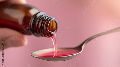 Clear liquid pour from amber bottle into silver spoon, precise measure of health liquid medicine against a soft pink background