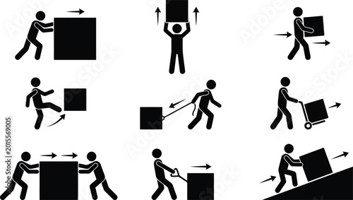Canvas-taulu Black stick figure icons, manual handling techniques, lifting, moving heavy boxes, transparent background