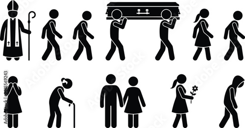 Foto Funeral procession icons, mourners carrying a casket, a priest, stick figure