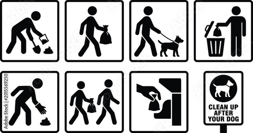 Tableau sur toile pictogram icons, proper pet waste, disposal instructions.