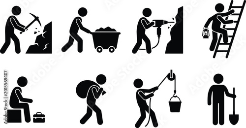 Tableau sur toile Black silhouette icons of miners performing various manual labor tasks and minin