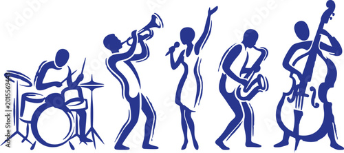 Canvas Print Blue jazz band musicians playing various instruments and singing in a stylized m
