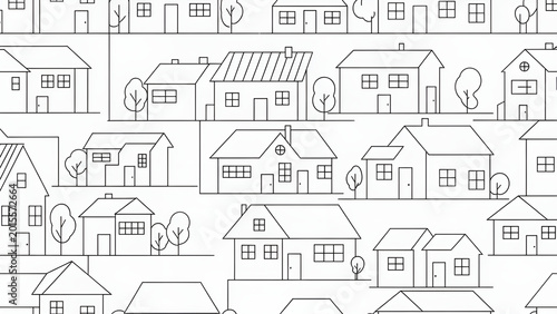 A seamless pattern of simple houses and trees in a suburban neighborhood setting with various architectural styles and designs