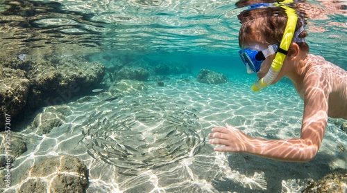 Child snorkeling in crystal clear water observing a fish school, highlighting outdoor adventure and ocean life exploration.