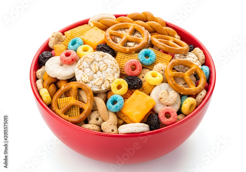 Colorful assorted cereal mix in red bowl