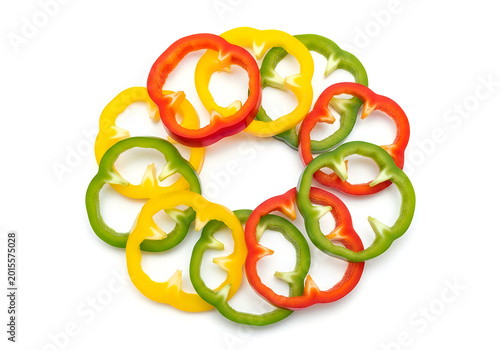 Colorful sliced bell peppers arranged in a circular pattern