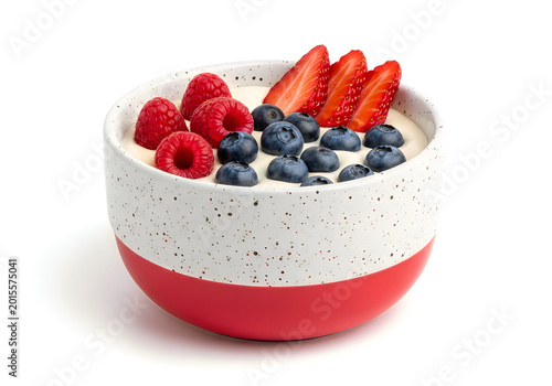 Elegant berry-topped cream cake on vibrant red stand