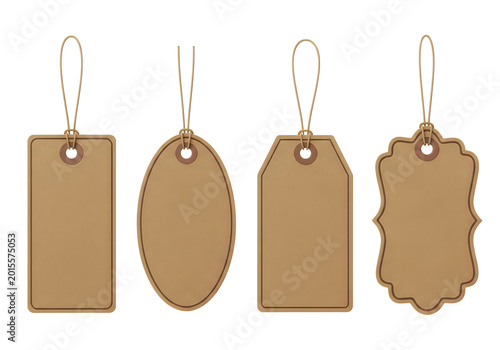 Four uniquely shaped brown paper tags with attached strings