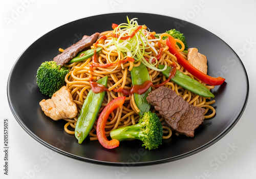 Stir-fried beef noodles with vibrant vegetables and broccoli