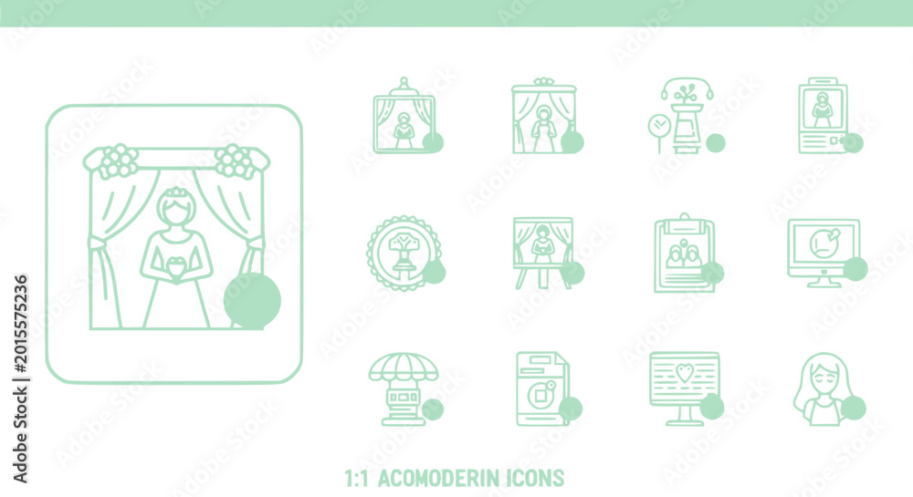 Obraz premium Wedding Icons Set: Bride, Ceremony, Invitations, Computer, Analytics, Display
