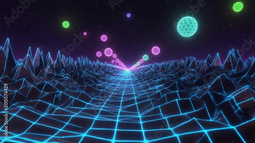 Retro Synthwave Grid Tunnel with Floating Orbs 3D Animation