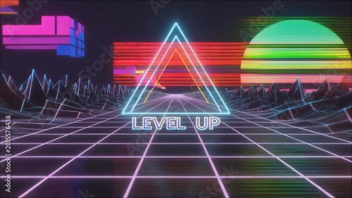 Retro Synthwave Level Up Animation: Neon Triangle & Grid Landscape