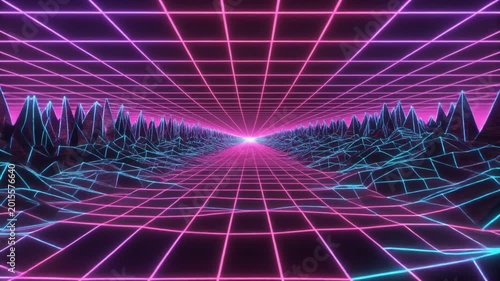 Retrofuturistic Grid Landscape Flight, Neon Pink and Blue Abstract Journey