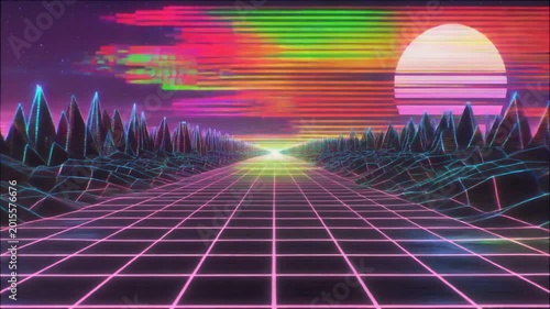 Retrofuturistic Synthwave Grid Road Sunset Landscape Motion Background