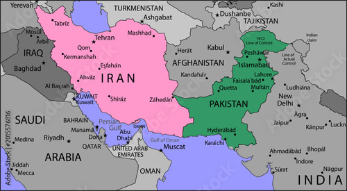Vector political, physical, geographical
world map. Fragment of asia region with strait of hormuz, iran, pakistan, kuwait, 
saudi arabia, oman, iraq, united arab emirates,
afghanistan, tajikistan.