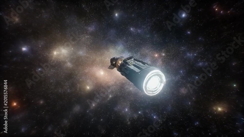 Satellite traveling through colorful nebula and distant stars, space exploration