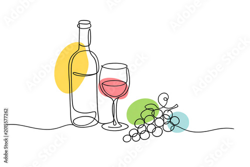 Stylish black and white line drawing with colored elements of wine bottles, glasses, and fresh fruit