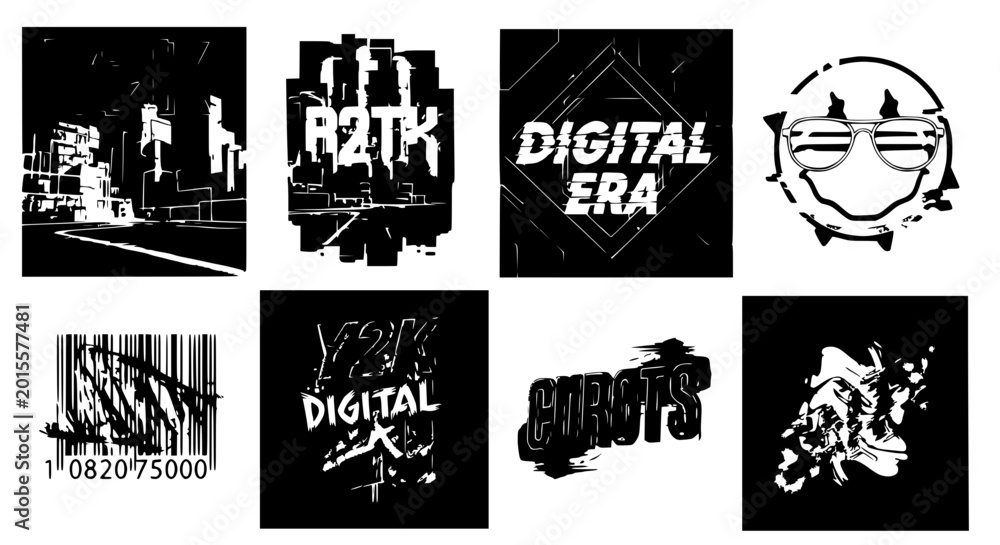 Fototapeta premium Abstract Grunge Graphics Collection: Digital Era, Barcode, Smiley Face, Cityscape