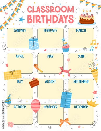 Classroom Birthdays poster printable template US Letter size. School students birthday list by months, chart design. Teachers tool, class room decoration. Vector illustration, cute bday elements