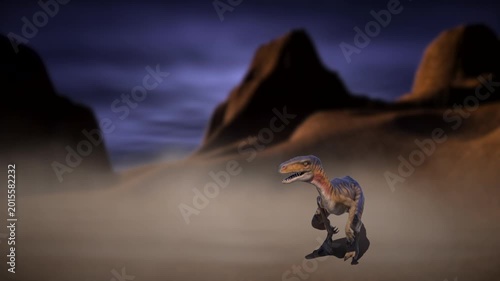 Velociraptor on a desolate landscape