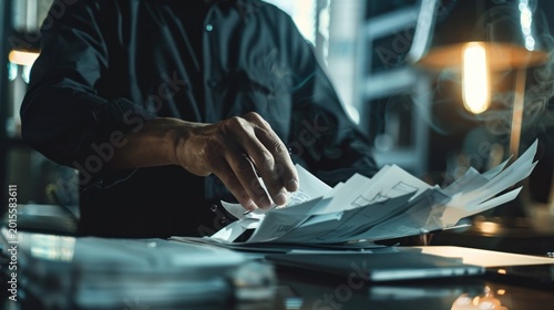 Person sorting through papers on a desk in office setting