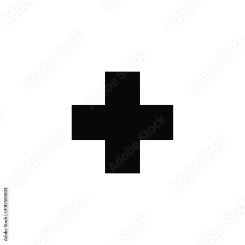A stark black plus sign symbol is centered on a plain white background.
