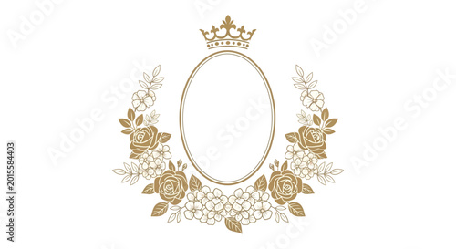 Quadro su tela Elegant Gold Oval Frame with Crown and Floral Wreath