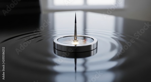 Compass in Water Ripple Effect Guidance Concept Navigation Tool Exploration Direction Finder Metal Instrument on Liquid Surface Travel Inspiration Finding Your Way Adventure Quest