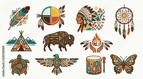 Foto Collection of Native American inspired tribal symbols and icons with geometric patterns and natural elements