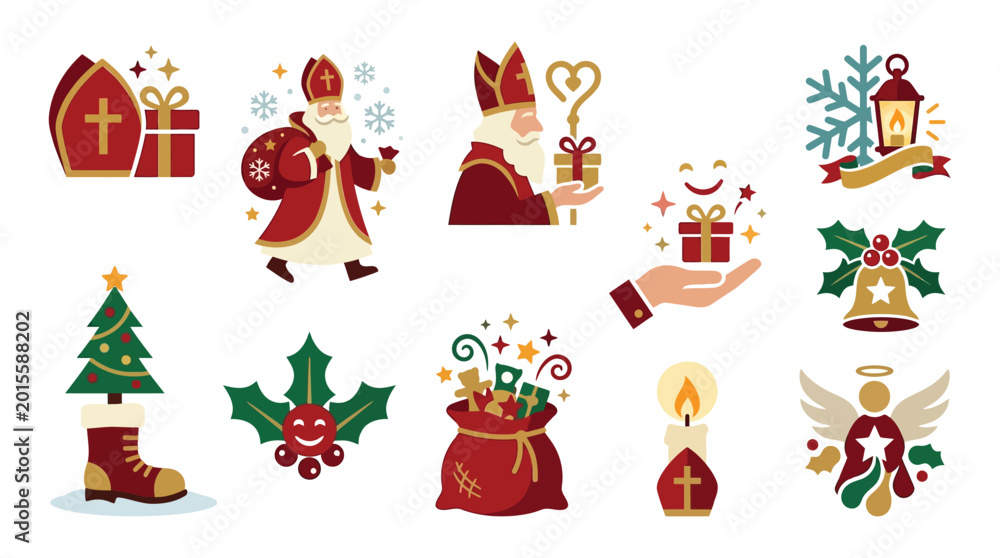 Obraz premium Saint Nicholas Day and Christmas Icons Collection with Gifts, Sinterklaas, and Festive Symbols.