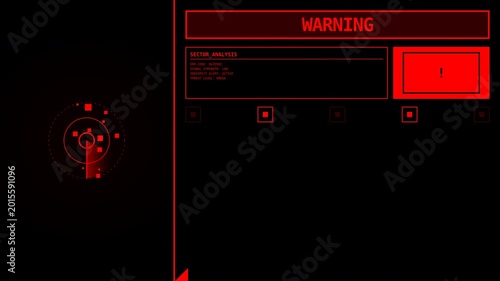 Futuristic Digital Warning Screen Animation with Red Alerts and Technical Interface Design for Cyber Security Video