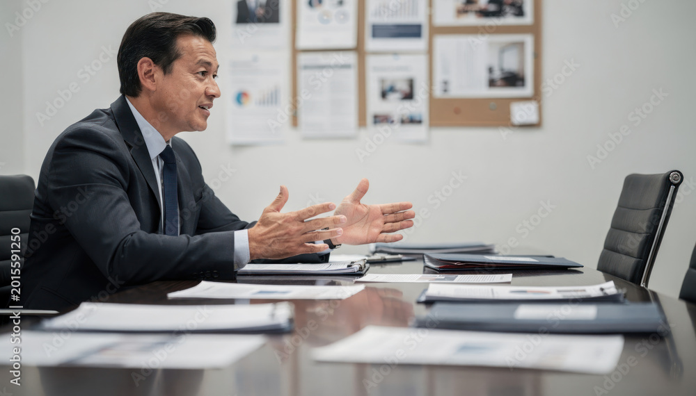 Obraz premium Asian Businessman Explaining Strategy During Meeting in Office Conference Room