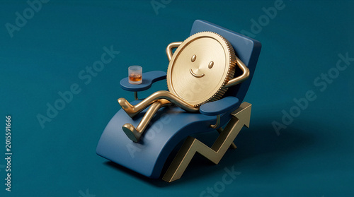 3D gold coin character relaxing on blue lounge chair over upward arrow