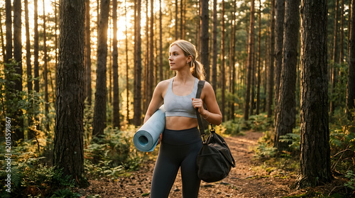 Adult woman practicing yoga and stretching on mat in pine forest. Outdoor wellness, self care, mindfulness, healthy lifestyle and fitness in natural environment