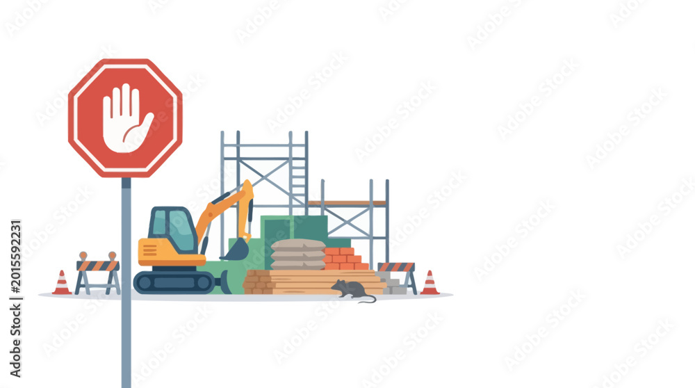 Fototapeta premium Construction site scene with heavy machinery and scaffolding. EPS Editable. Vector Illustrations.