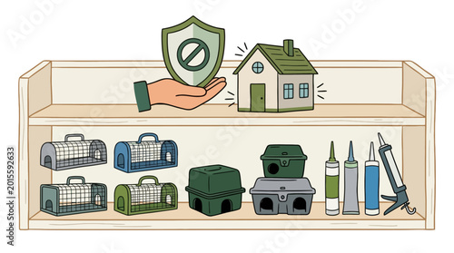 Pest control products on a shelf protecting a house. EPS Editable. Vector Illustrations.