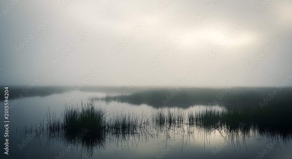 Fototapeta premium Mysterious Fog Over Wetland Grasses Sunrise Nature Scene