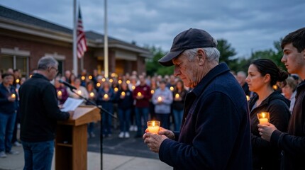 Elderly man holding candle at memorial day ceremony outdoors
