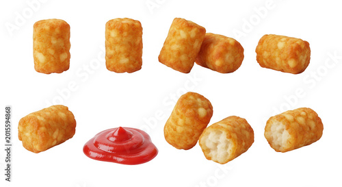 close-up studio shot of crispy potato tots and ketchup isolated on a clean white background for food advertising