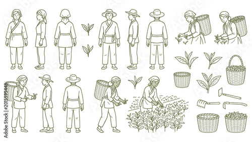 Tableau sur toile Tea farmer character set featuring agricultural workers harvesting leaves in line design