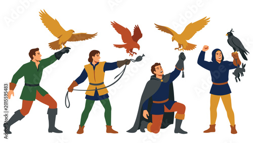 Photos Medieval falconers colorful illustration set featuring men training hunting hawks outdoor