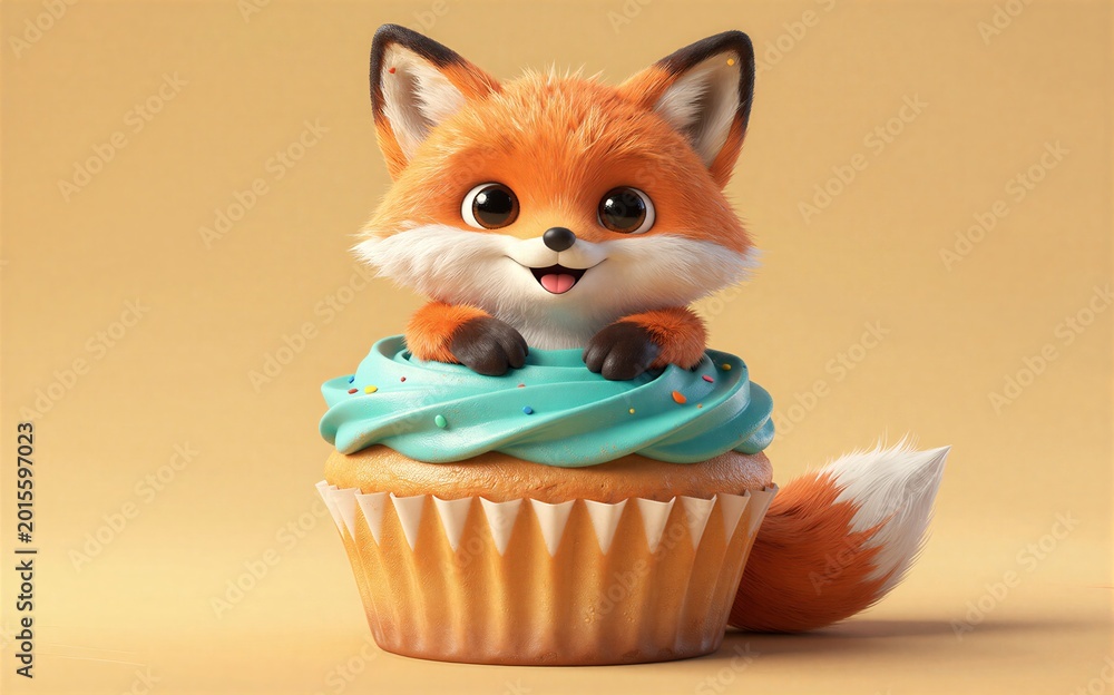Fototapeta premium Adorable fox peeking from a colorful cupcake with cheerful expression.