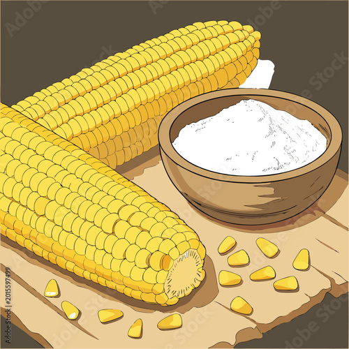 Bilde på lerret Natural Agriculture Scene with Sweet Corn Cobs and Fine Cornstarch in Wooden Bowl